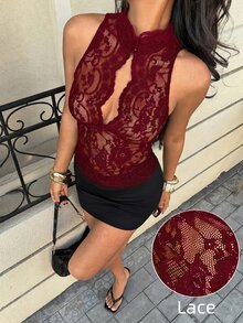 Siren Gaze Women Lace Halter Neck Sleeveless Slim Fit Top Elegant Sexy And Alluring For Evenings Night Out Burgundy Summer - Rose Red - View 1