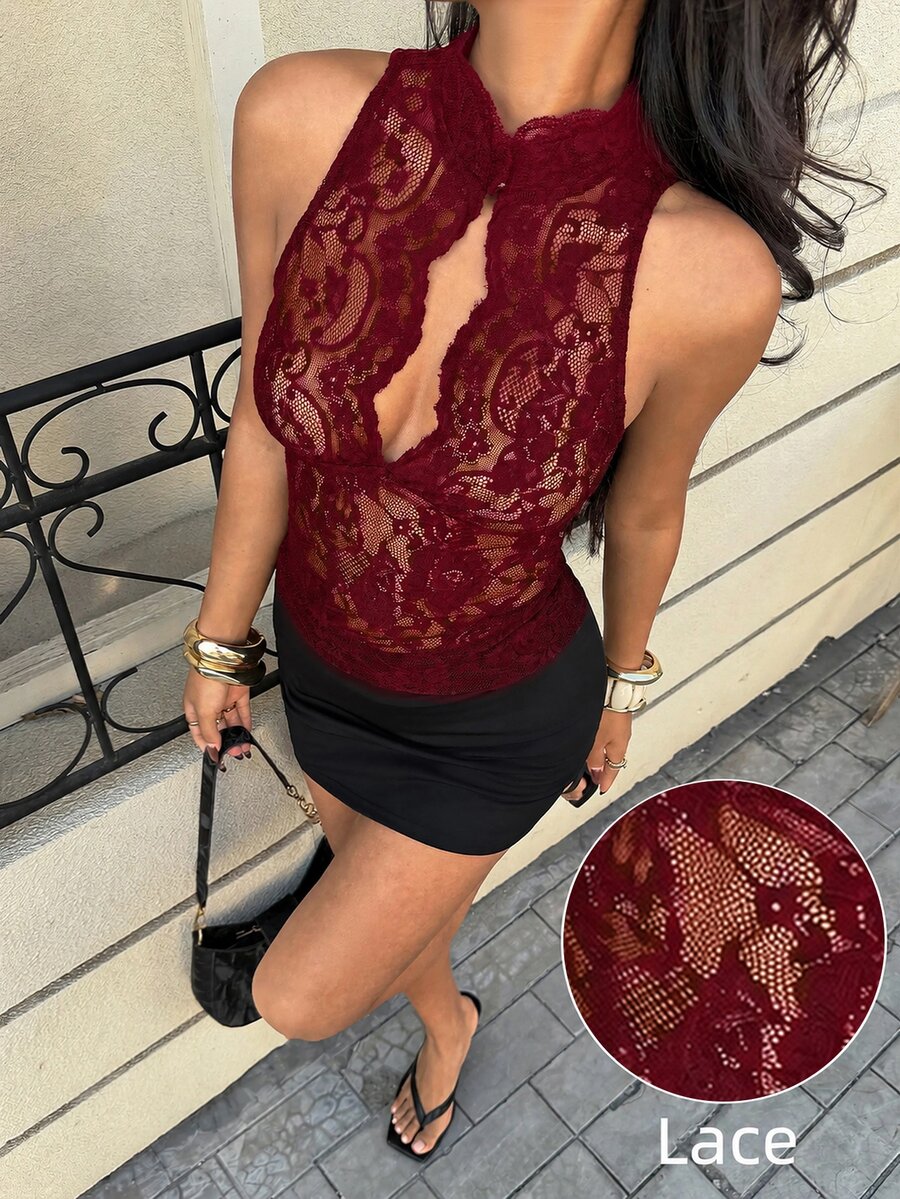 Siren Gaze Women Lace Halter Neck Sleeveless Slim Fit Top Elegant Sexy And Alluring For Evenings Night Out Burgundy Summer - Rose Red - View 1