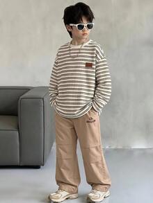 青少年男孩條紋長袖上衣與工裝褲兩件套，圓領紋理條紋T恤與寬鬆卡其色工裝褲，兒童休閒外出套裝，新品推薦 - 卡其色 - 查看 1