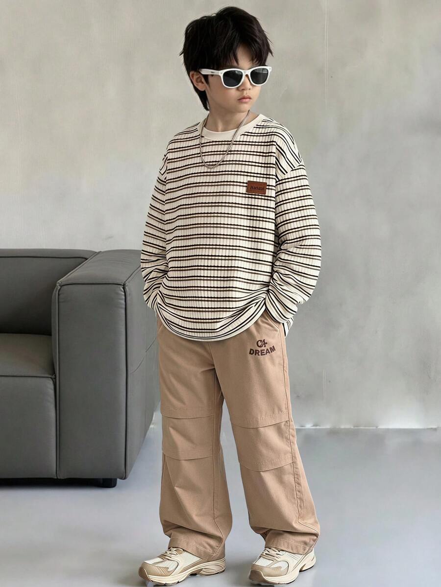 青少年男孩條紋長袖上衣與工裝褲兩件套,圓領紋理條紋T恤與寬鬆卡其色工裝褲,兒童休閒外出套裝,新品推薦 - 卡其色 - 查看 1