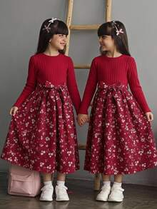 Tween Girl Round Neck Puff Sleeve Ditsy Floral Casual Dress Fall Winter - Burgundy - View 1