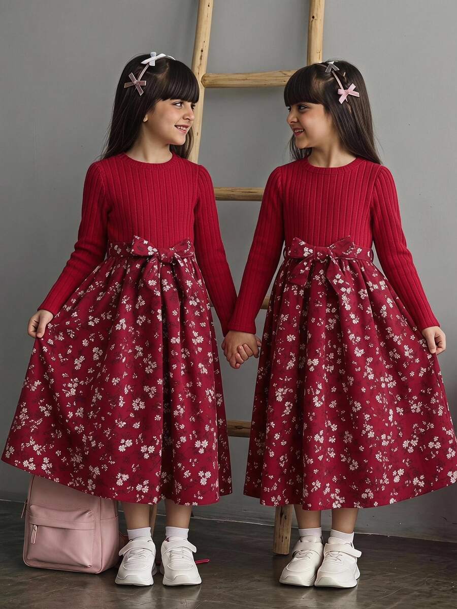 Tween Girl Round Neck Puff Sleeve Ditsy Floral Casual Dress Fall Winter - Burgundy - View 1