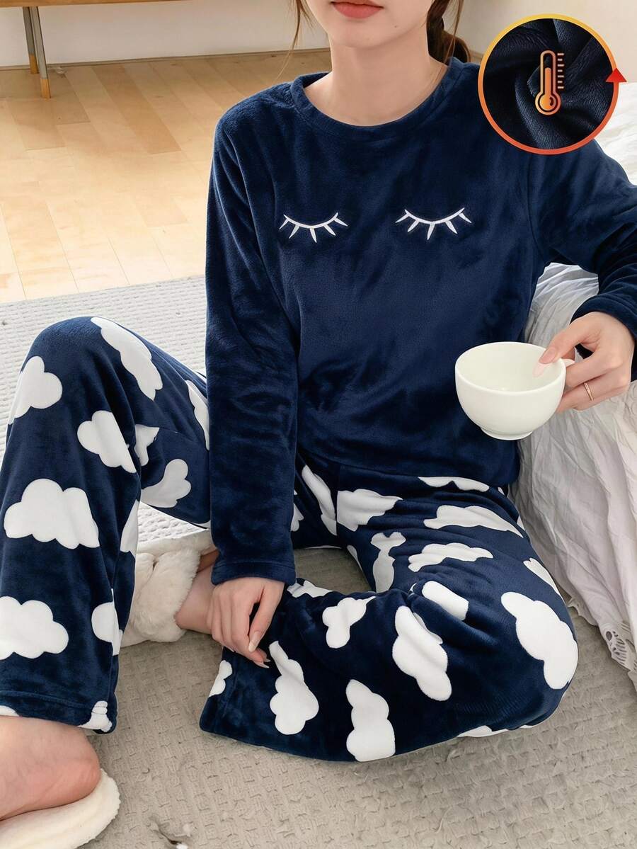 SHEIN 2pcs Pre-Tween Girls Navy Blue Long Sleeve Top And Pants Loungewear Set Night Autumn Cute Kawaii