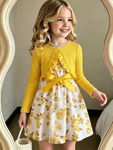SHEIN 2pcs/Set Young Girl Blue & White Floral Print Dress And Ribbed Ruffle Cardigan Skirt Set For Girlsyellow Dress For Girls,Holiday,Summer,Travel, School, Campus, College - Yellow - View 1