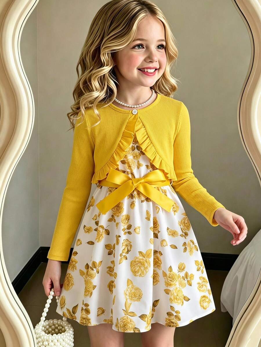 SHEIN 2pcs/Set Young Girl Blue & White Floral Print Dress And Ribbed Ruffle Cardigan Skirt Set For Girlsyellow Dress For Girls,Holiday,Summer,Travel, School, Campus, College - Yellow - View 1