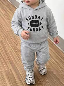2pcs/Set Young Boy Football Printed Casual Hoodie Sweatshirt And Pants Set, Spring Autumn - Grey - View 1