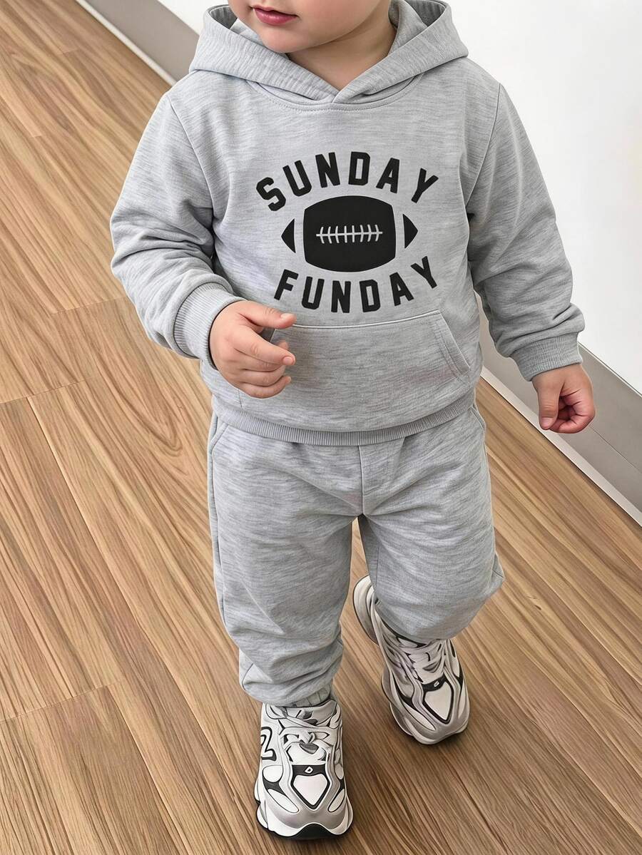 2pcs/Set Young Boy Football Printed Casual Hoodie Sweatshirt And Pants Set, Spring Autumn - Grey - View 1