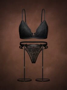 Bella Beso 3 PiecesLingerie Set (Wireless Bra + Thong + Garter Belt With Leg Straps) - Black - View 1