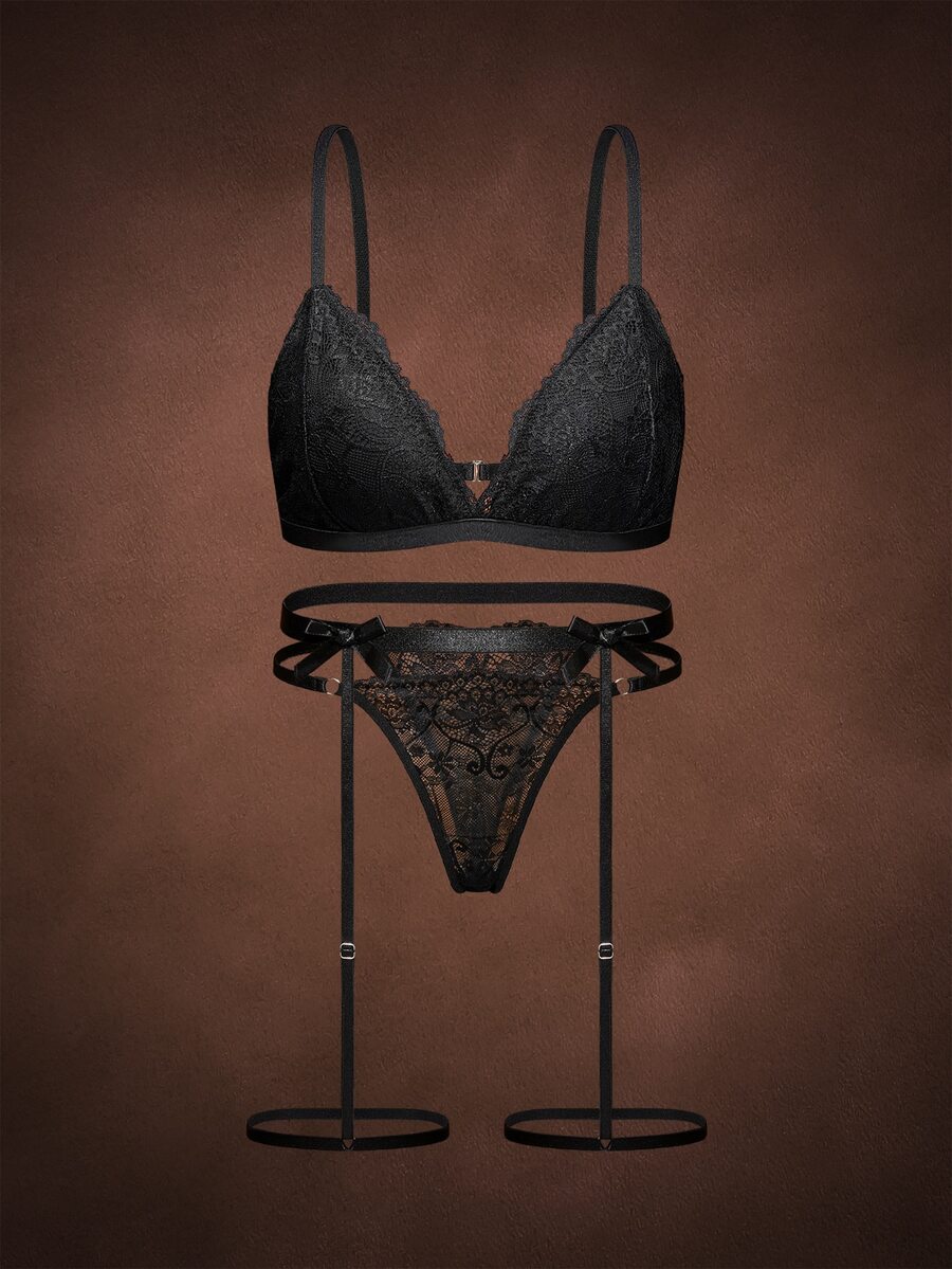 Bella Beso 3 PiecesLingerie Set (Wireless Bra + Thong + Garter Belt With Leg Straps) - Black - View 1