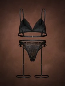 Bella Beso 3 PiecesLingerie Set (Wireless Bra + Thong + Garter Belt With Leg Straps) - Black - View 2