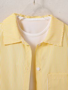 SHEIN 少女款柔軟條紋長袖鈕扣襯衫，休閒翻領口袋寬鬆上衣，適合春秋穿著 - 黃色 - 查看 6