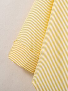 SHEIN 少女款柔軟條紋長袖鈕扣襯衫，休閒翻領口袋寬鬆上衣，適合春秋穿著 - 黃色 - 查看 3