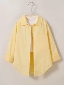 SHEIN 少女款柔軟條紋長袖鈕扣襯衫，休閒翻領口袋寬鬆上衣，適合春秋穿著 - 黃色 - 查看 5