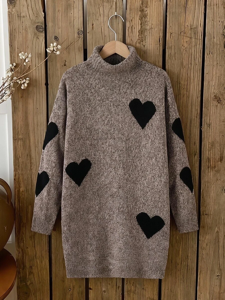 SHEIN 青少年女孩針織洋裝,秋冬新品,深灰色,可愛風格 - 卡其色 - 查看 1