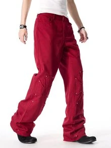 ROMWE MEN Street Life Men's Straight Leg Stacked Cross Jeans - Red - View 4