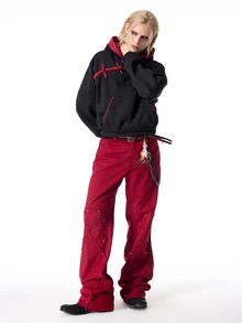 ROMWE MEN Street Life Men's Straight Leg Stacked Cross Jeans - Red - View 7