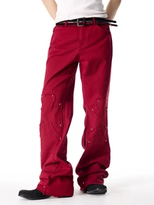 ROMWE MEN Street Life Men's Straight Leg Stacked Cross Jeans - Red - View 1