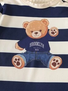 SHEIN 新生兒男嬰連身褲，圓領長袖配可愛熊圖案，常規針織面料，適合外出與拍照，適用於春、夏、秋季 - 藏蓝色 - 查看 6