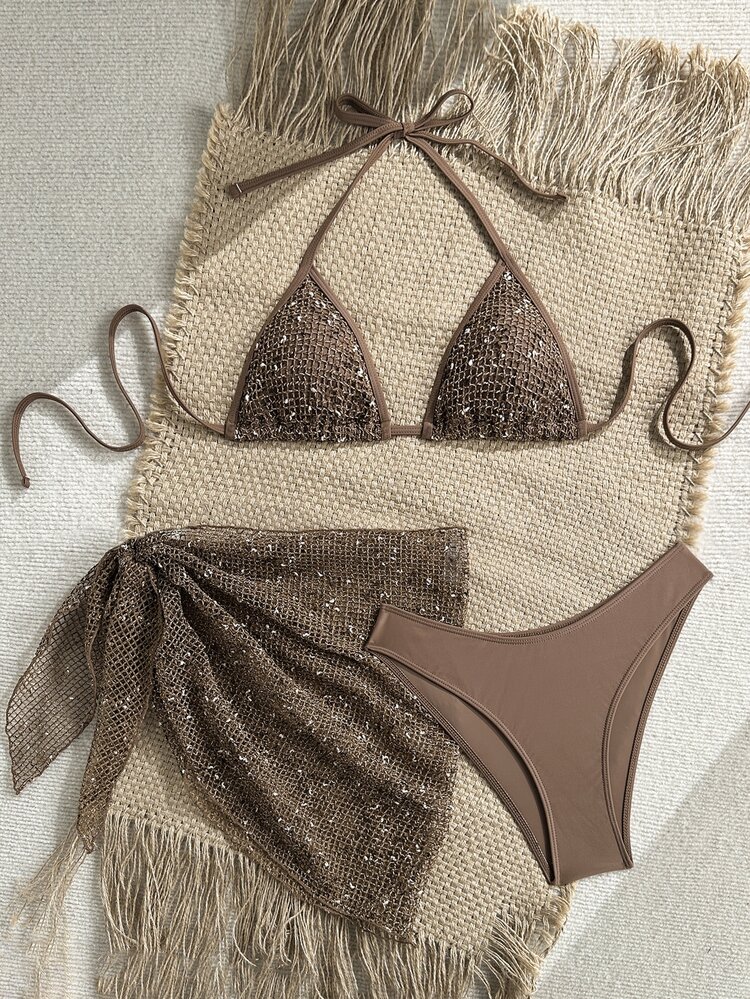 Swim SXY Women's 3-Piece Sequin Bikini Set With Cover Up,Glitter Net Fabric Swimwear For Summer,Casual,Beach,Holiday,Vacation,Holiday,Champagne Rave Outfits - Coffee Brown - View 6