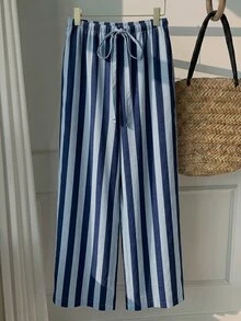 SHEIN EZwear Women's Casual Tie Waist Straight Leg Pants, Suitable For Summer - Multicolor - View 6