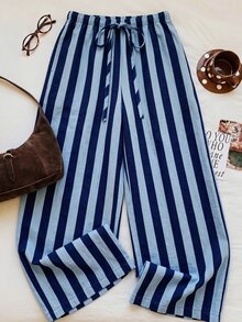 SHEIN EZwear Women's Casual Tie Waist Straight Leg Pants, Suitable For Summer - Multicolor - View 5