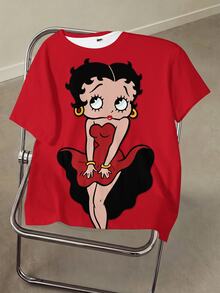 Betty Boop x SHEIN Women's Cartoon Print Round Neck Short Sleeve Casual Streetwear T-Shirt Everyday Night Out Red - White - View 3