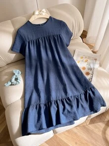 SHEIN 1件女童宽松蓝色纹理面料圆领短袖休闲连衣裙，舒适透气，适合夏季度假和居家穿着。 - 藍色 - 查看 4
