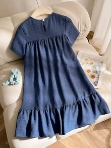 SHEIN 1件女童宽松蓝色纹理面料圆领短袖休闲连衣裙，舒适透气，适合夏季度假和居家穿着。 - 藍色 - 查看 3