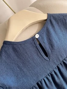 SHEIN 1件女童宽松蓝色纹理面料圆领短袖休闲连衣裙，舒适透气，适合夏季度假和居家穿着。 - 藍色 - 查看 7