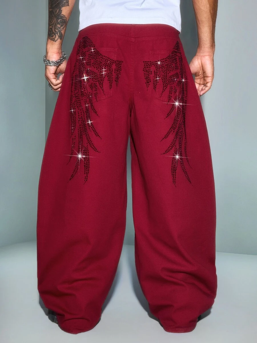 ROMWE MEN Street Life Men's Rhinestone Decorated Curved Blade Jeans - Red - View 1