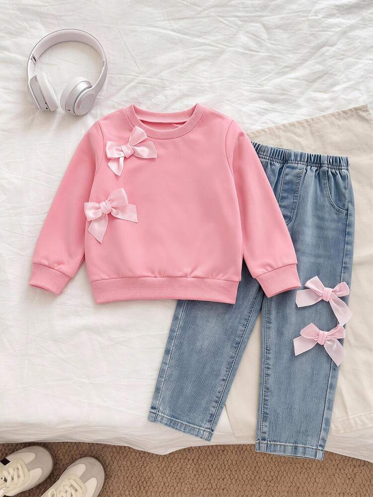 SHEIN Genkimix Kids 1set Young Girl Casual Fashion Round Neck Regular Shoulder Long Sleeve Loose Solid Bow Sweatshirt Elastic Waist Straight Leg Jeans Set, Autumn School - Pink - View 1
