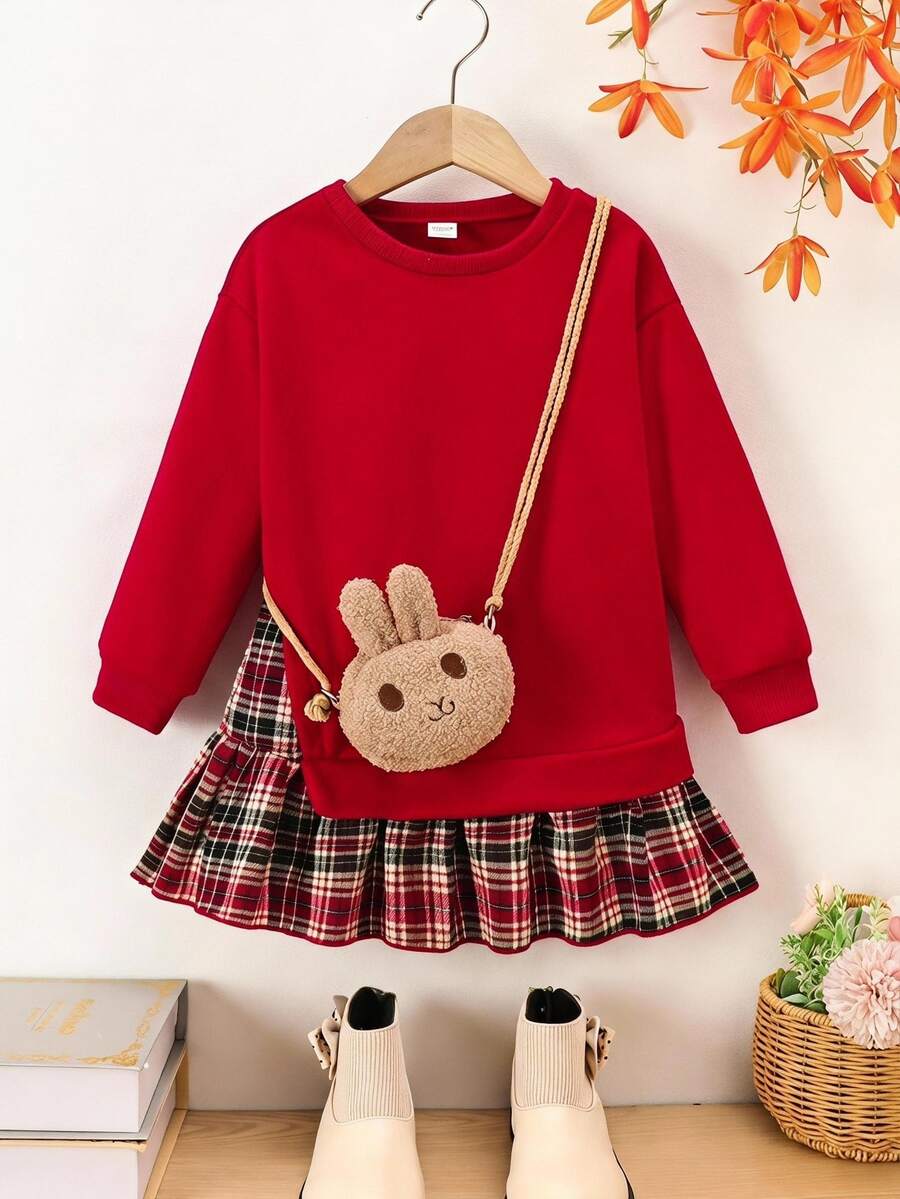 Little Girl Plaid Patchwork Ruffle Hem 2‑In‑1 Crewneck Long Sleeve Pullover Sweatshirt, Christmas Holiday Casual Fall Winter Clothes - Red - View 1
