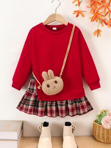 SHEIN Little Girl Plaid Patchwork Ruffle Hem 2‑In‑1 Crewneck Long Sleeve Pullover Sweatshirt, Christmas Holiday Casual Fall Winter Clothes - Red - View 6