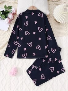 Tween Girl Casual Cute Heart Letter Printed Flame Resistant Long Sleeve Cardigan Pants Comfortable Loungewear Set Black And Pink Autumn - Multicolor - View 2