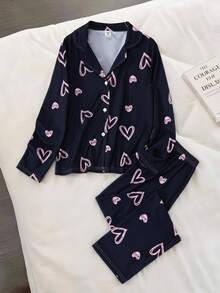 Tween Girl Casual Cute Heart Letter Printed Flame Resistant Long Sleeve Cardigan Pants Comfortable Loungewear Set Black And Pink Autumn - Multicolor - View 1
