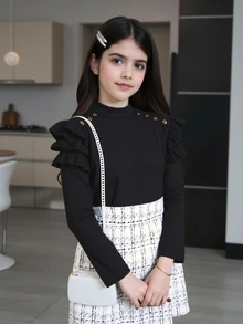 SHEIN Tween女孩優雅兩件套套裝，羅紋小高領荷葉邊長袖上衣與裝飾鈕扣格紋不對稱裙，適合派對與日常場合 - 彩色 - 查看 10