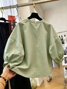 Resyla 女士复古圆领灯笼袖时尚衬衫，夏季 - 彩色 - 查看 2