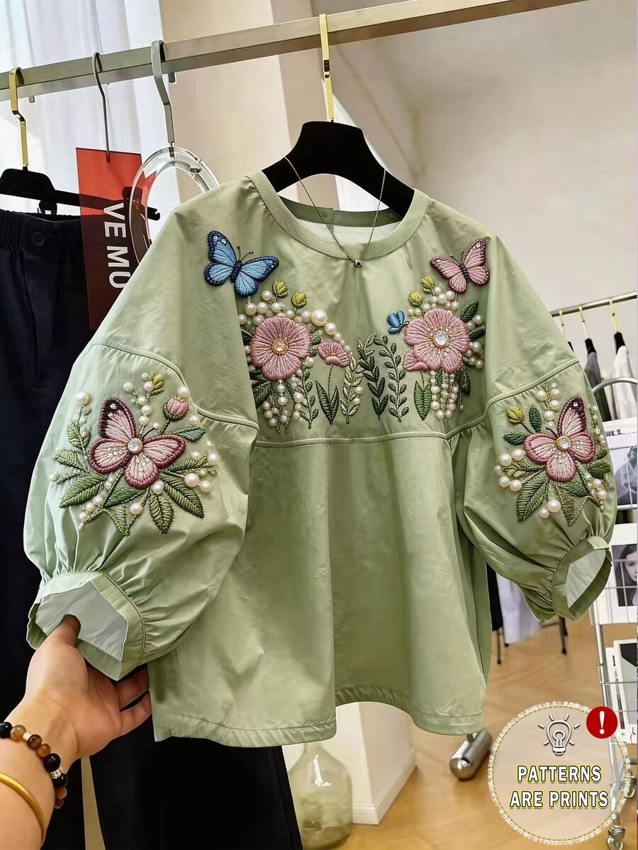 Resyla 女士复古圆领灯笼袖时尚衬衫,夏季 - 彩色 - 查看 1
