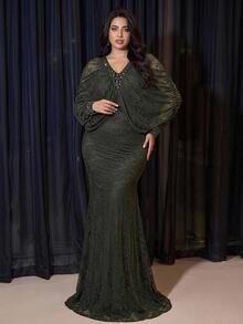 Serin Plus Size Elegant Romantic V-Neck Luxury Embroidered Patchwork French Lace Sheer Long Sleeve With Pearl & Rhinestone Embellished Cuff & Neckline, Fitted Bodycon Mermaid Hem With Train, Suitable For Wedding, Party, Celebration, Formal Events, Bridal Mother Dress - Green - View 6