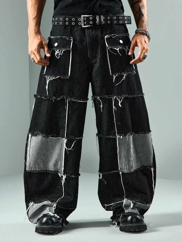 ROMWE MEN Street Life Jeans de mezclilla casuales versátiles de uso diario con dobladillo deshilachado para hombres - Multicolor - Añade 8