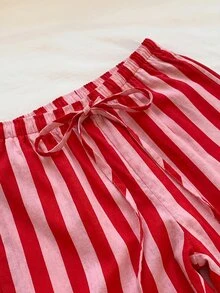 SHEIN EZwear 女款休閒腰綁帶直筒長褲，彩色條紋，街頭風，適合日常通勤、約會、派對、秋冬春夏、聖誕節、新年、感恩節、婚禮、海灘、畢業典禮，時尚優雅休閒，適合外出約會通勤 - 彩色 - 查看 4