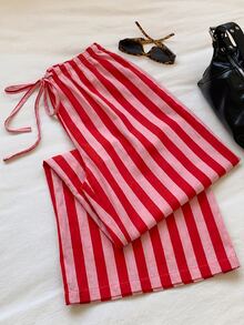 SHEIN EZwear 女款休閒腰綁帶直筒長褲，彩色條紋，街頭風，適合日常通勤、約會、派對、秋冬春夏、聖誕節、新年、感恩節、婚禮、海灘、畢業典禮，時尚優雅休閒，適合外出約會通勤 - 彩色 - 查看 6