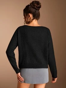 SHEIN BASICS 女款休閒純色不對稱領毛衣，秋冬款 - 黑色 - 查看 7