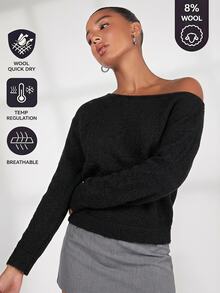 SHEIN BASICS 女款休閒純色不對稱領毛衣，秋冬款 - 黑色 - 查看 2