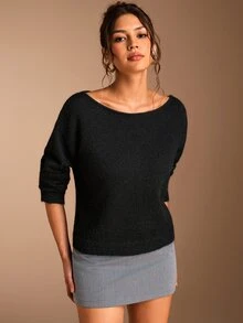 SHEIN BASICS 女款休閒純色不對稱領毛衣，秋冬款 - 黑色 - 查看 4