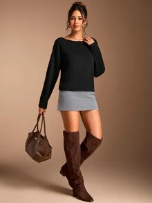 SHEIN BASICS 女款休閒純色不對稱領毛衣，秋冬款 - 黑色 - 查看 6