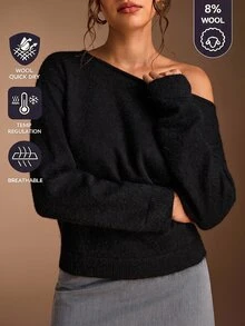 SHEIN BASICS 女款休閒純色不對稱領毛衣，秋冬款 - 黑色 - 查看 1