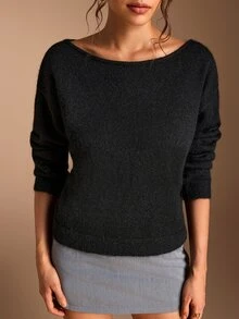 SHEIN BASICS 女款休閒純色不對稱領毛衣，秋冬款 - 黑色 - 查看 5