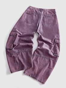 ROMWE MEN Street Life Men's Multi-Pocket Loose Casual Cargo Denim Jeans - Purple - View 2
