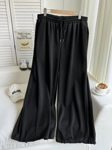 SHEIN CURVE+ 大尺碼女款純色抽繩腰休閒百搭日常長褲 秋季 - 黑色 - 查看 4